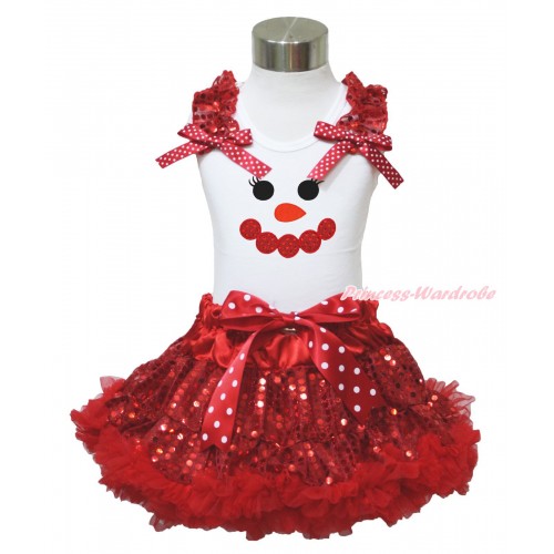 Xmas White Tank Top Red Sequins Ruffles Minnie Dots Bows & Sparkle Red Snowman Face Print & Sparkle Red Sequins Pettiskirt MG1376