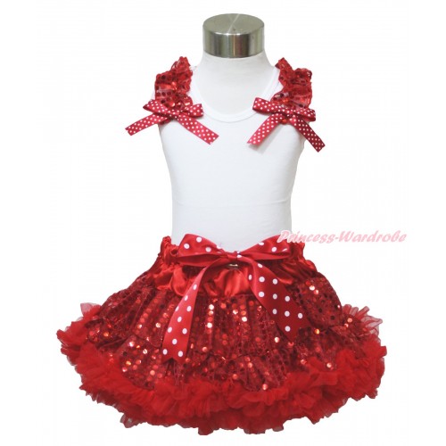 Xmas White Tank Top Red Sequins Ruffles Minnie Dots Bow & Sparkle Red Sequins Pettiskirt MG1405