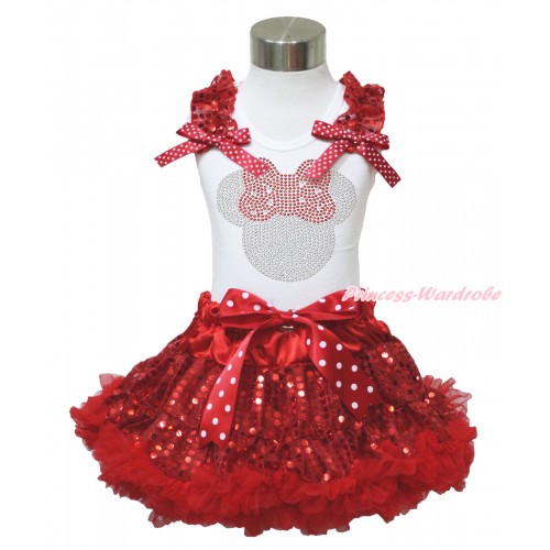 Xmas White Tank Top Red Sequins Ruffles Minnie Dots Bows & Sparkle Rhinestone Red Minnie Print & Sparkle Red Sequins Pettiskirt MG1407