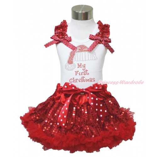 Xmas White Tank Top Red Sequins Ruffles Minnie Dots Bows & Sparkle Rhinestone Christmas Hat Print & Sparkle Red Sequins Pettiskirt MG1410