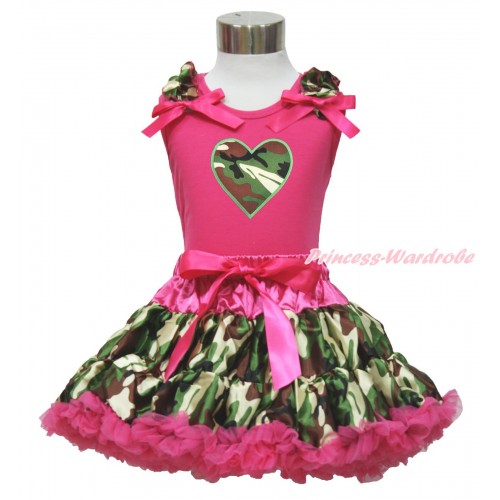 Valentine's Day Hot Pink Tank Top Camouflage Ruffles Hot Pink Bow & Camouflage Heart Print  & Hot Pink Camouflage Pettiskirt MH276