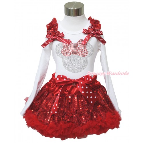 Xmas White Long Sleeve Top Red Sequins Ruffles Minnie Dots Bow & Sparkle Rhinestone Red Minnie & Sparkle Red Sequins Pettiskirt MW605