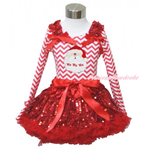 Xmas Red White Chevron Long Sleeve Top Red Sequins Ruffles Red Bow & Santa Claus Print & Sparkle Red Sequins Pettiskirt MW613