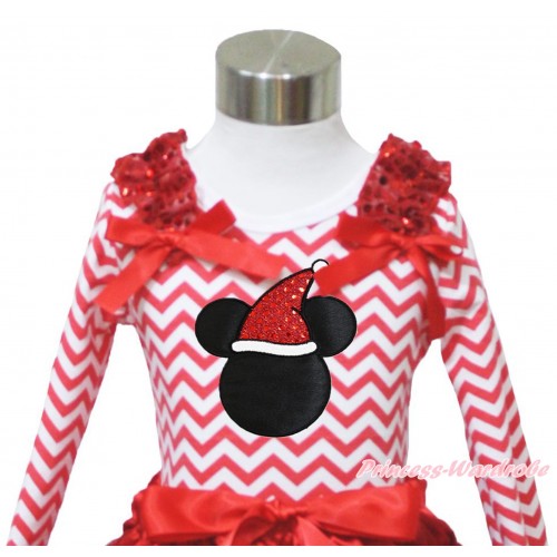 Xmas Red White Chevron Long Sleeves Top Red Sequins Ruffles Red Bow & Christmas Minnie Print TO405