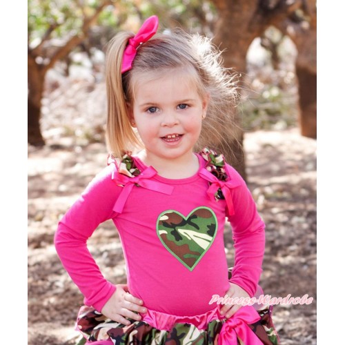 Valentine's Day Hot Pink Long Sleeves Top Camouflage Ruffles Hot Pink Bow & Camouflage Heart TO407