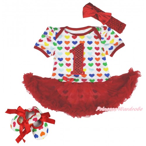 Rainbow Heart Baby Bodysuit Red Pettiskirt & 1st Sparkle Red Birthday Number & Red Headband Satin Bow & Red Ribbon Rainbow Heart Shoes JS4221