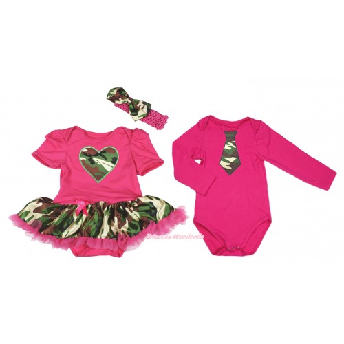 Hot Pink Bodysuit Camouflage Hot Pink Pettiskirt & Camouflage Heart & Hot Pink Headband Camouflage Satin Bow Match Hot Pink Long Sleeve Jumpsuit & Camouflage Tie JS4223