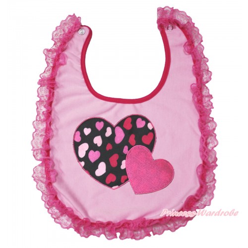 Valentine's Day Hot Pink Lace Light Pink Baby Bib & Hot Pink Sweet Twin Heart Print BI07