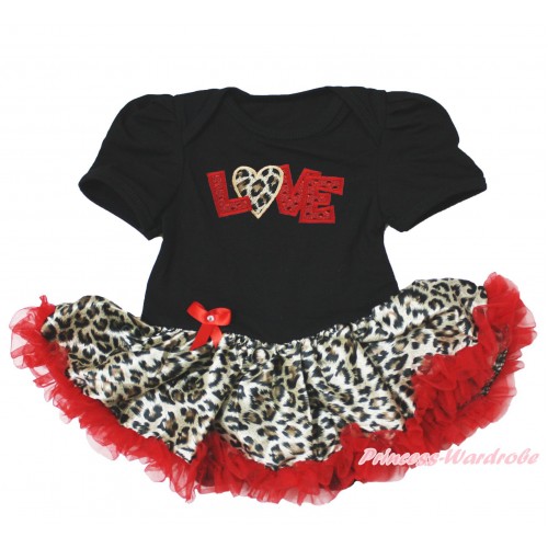 Valentine's Day Black Baby Bodysuit Leopard Red Pettiskirt & Sparkle Red Leopard Love Print JS4231