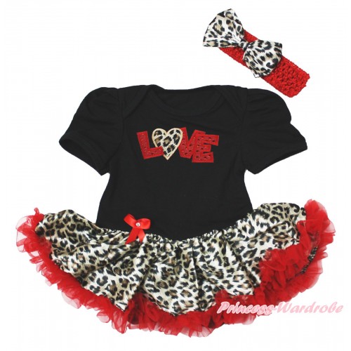 Valentine's Day Black Baby Bodysuit Leopard Red Pettiskirt & Sparkle Red Leopard Love Print & Red Headband Leopard Satin Bow JS4235