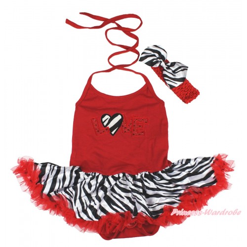 Valentine's Day Hot Red Baby Halter Jumpsuit Zebra Red Pettiskirt & Sparkle Red Zebra Love Print & Red Headband Zebra Satin Bow JS4239