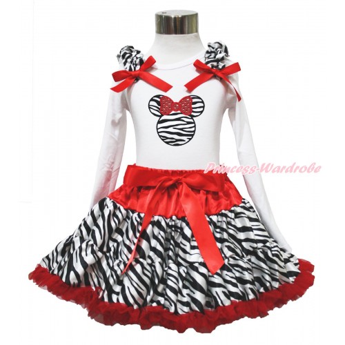 Red Zebra Pettiskirt with Zebra Minnie Print White Long Sleeve Top with Zebra Ruffles & Red Bow MW191 