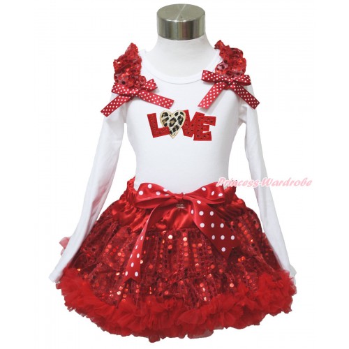 Valentine's Day White Long Sleeve Top Red Sequins Ruffles Minnie Dots Bow & Sparkle Red Leopard Love & Sparkle Red Sequins Pettiskirt MW625