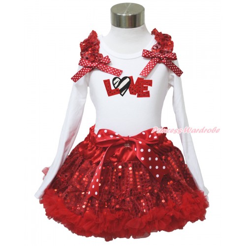 Valentine's Day White Long Sleeve Top Red Sequins Ruffles Minnie Dots Bow & Sparkle Red Zebra Love & Sparkle Red Sequins Pettiskirt MW626