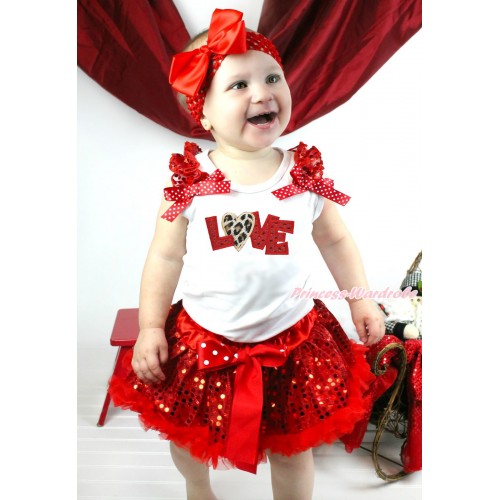 Valentine's Day White Baby Pettitop Red Sequins Ruffles Minnie Dots Bows & Sparkle Red Leopard Love & Sparkle Red Sequins Newborn Pettiskirt NN241