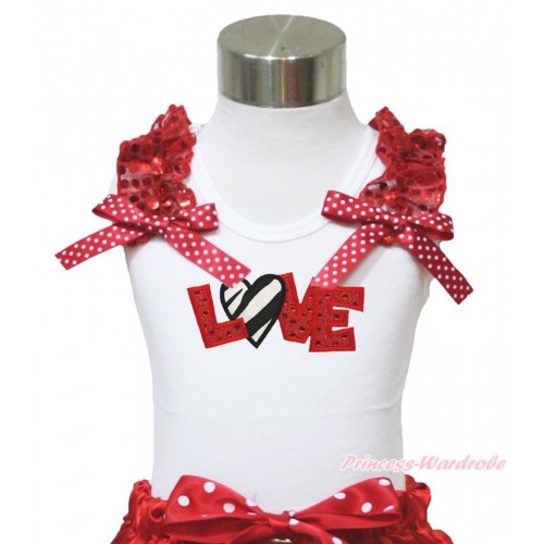 Valentine's Day White Tank Top Red Sequins Ruffles Minnie Dots Bow & Sparkle Red Zebra Love Print TB997