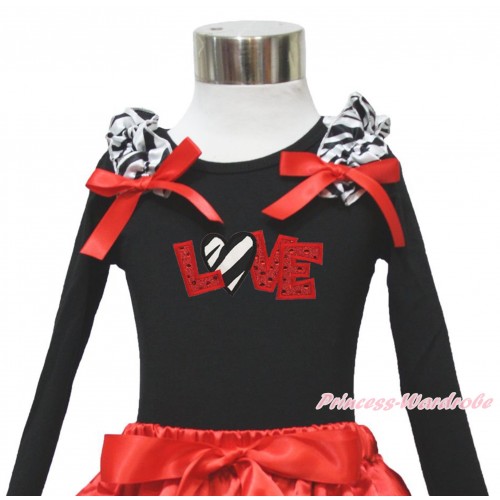 Valentine's Day Black Long Sleeves Top Zebra Ruffles Red Bow & Sparkle Red Zebra Love Print TO413