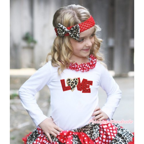 Valentine's Day White Long Sleeves Top Minnie Dots Satin Lacing & Sparkle Red Leopard Love Print TW550