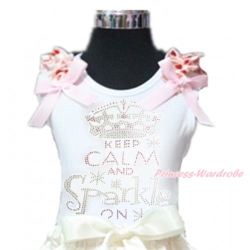 White Tank Top Cream White Heart Ruffles Light Pink Bow Sparkle Bling Rhinestone Keep Calm And Sparkle On TB838