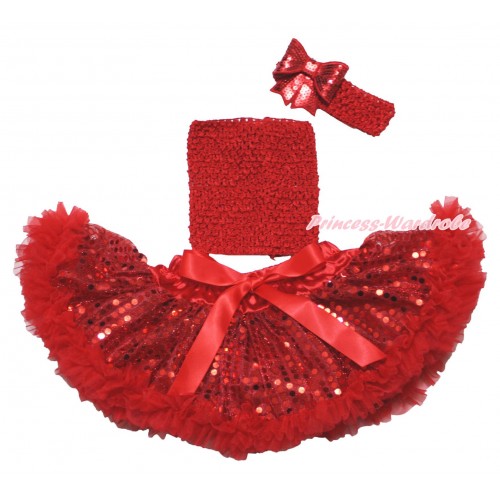 Hot Red Sparkle Bling Sequins Baby Pettiskirt, Red Crochet Tube Top,Red Headband Sequins Bow 3PC Set CT690