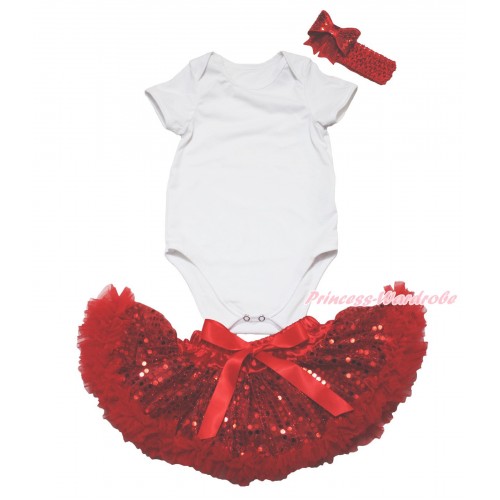 White Baby Jumpsuit & Sparkle Bling Red Sequins Newborn Pettiskirt & Red Headband Sequins Bow JN44