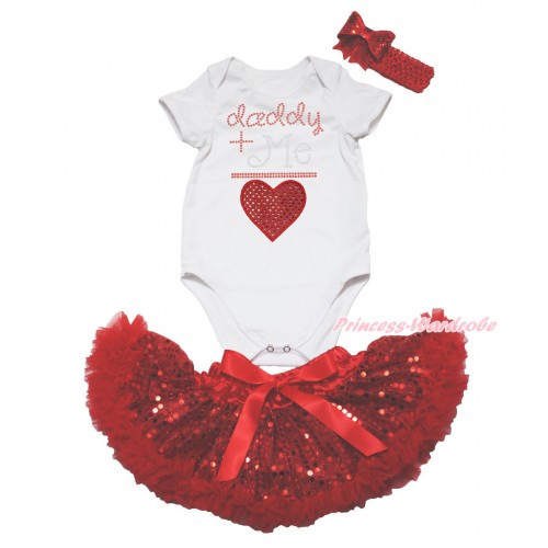 Valentine's Day White Baby Jumpsuit & Rhinestone Daddy Plus Me Is Sparkle Red Heart & Sparkle Bling Red Sequins Newborn Pettiskirt & Red Headband Sequins Bow JN52