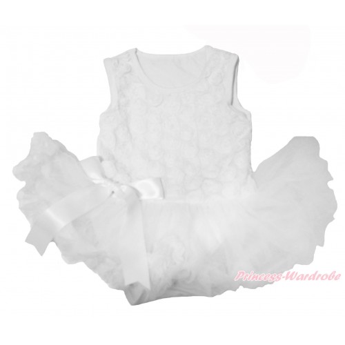 Valentine's Day White Romanatic Rose Sleeveless Baby Bodysuit Pettiskirt & White Bow JS4261