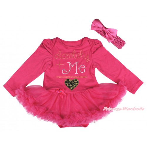 Valentine's Day Hot Pink Long Sleeve Bodysuit Pettiskirt & Sparkle Rhinestone Daddy Plus Me is Leopard Heart Print JS4302