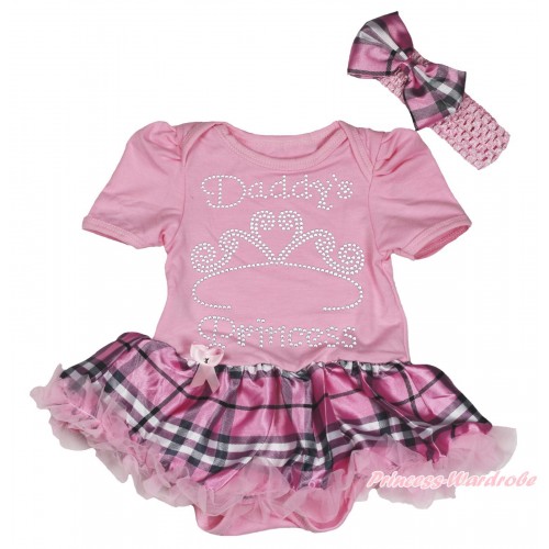 Valentine's Day Light Pink Baby Bodysuit Light Pink Checked Pettiskirt & Sparkle Rhinestone Daddy's Princess Print JS4307
