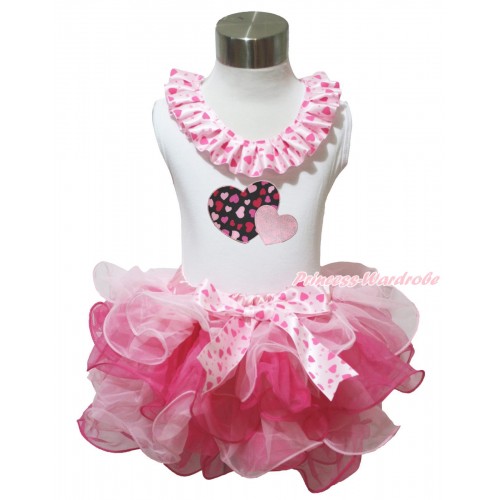 Valentine's Day White Baby Pettitop Light Hot Pink Heart Lacing & Light Pink Sweet Twin Heart Print & Pink Heart Bow Light Hot Pink Petal Newborn Pettiskirt NG1638