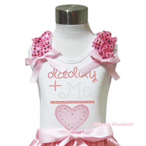 Valentine's Day White Tank Top Light Pink Sequins Ruffles Light Pink Bow & Rhinestone Daddy Plus Me Is Light Pink Heart Print TB1015