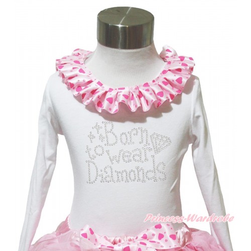 White Long Sleeves Top Light Hot Pink Heart Lacing & Sparkle Rhinestone Born To Wear Diamonds Print TW565