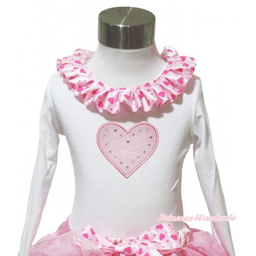 Valentine's Day White Long Sleeves Top Light Hot Pink Heart Lacing & Light Pink Heart Print TW566
