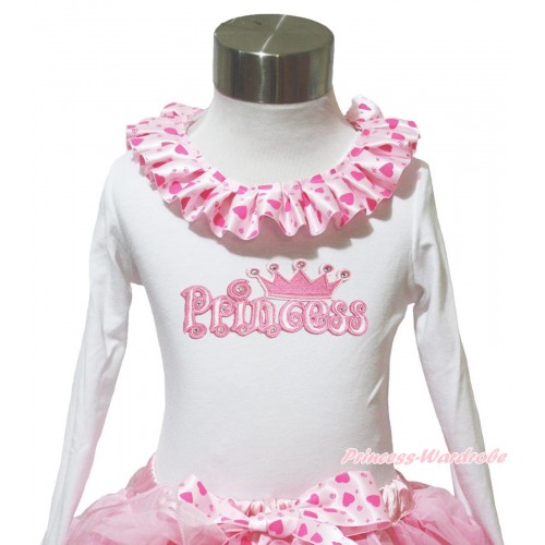 White Long Sleeves Top Light Hot Pink Heart Lacing & Princess Print TW567