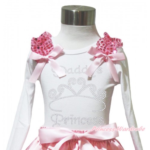 Valentine's Day White Long Sleeves Top Light Pink Sequins Ruffles Light Pink Bow & Sparkle Rhinestone Daddy's Princess TW570