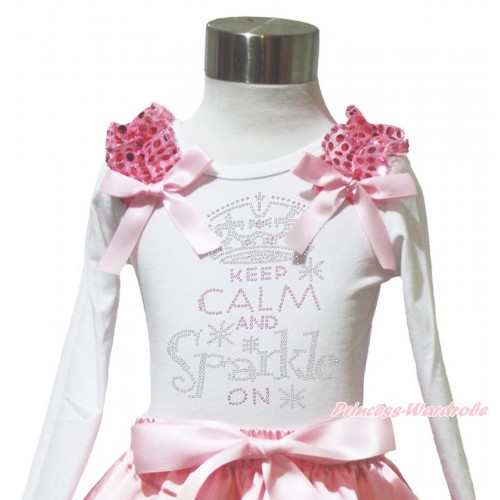 White Long Sleeves Top Light Pink Sequins Ruffles Light Pink Bow & Sparkle Rhinestone Keep Calm And Sparkle On TW572