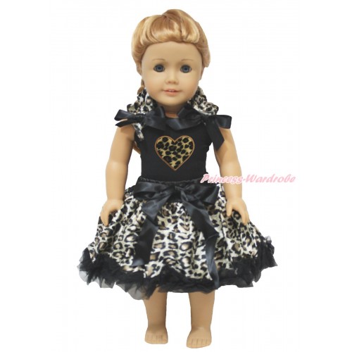 Valentine's Day Black Tank Top Leopard Ruffles Black Bows & Leopard Heart & Black Leopard Pettiskirt American Girl Doll Outfit DO072