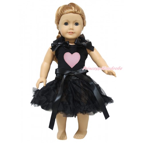 Valentine's Day Black Tank Top Black Ruffles & Bows & Light Pink Heart & Black Pettiskirt American Girl Doll Outfit DO073