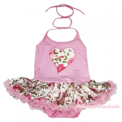 Valentine's Day Light Pink Baby Halter Jumpsuit Light Pink Rose Fusion Pettiskirt & Light Pink Rose Heart Print JS4216