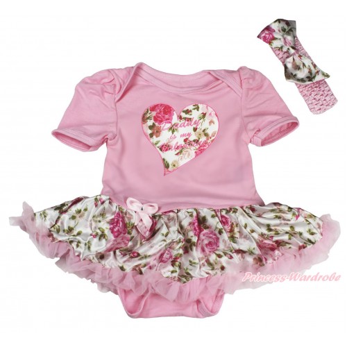 Valentine's Day Light Pink Baby Bodysuit Light Pink Rose Fusion Pettiskirt & Daddy Is My Valentine Rose Heart Print & Light Pink Headband Rose Fusion Satin Bow JS4251