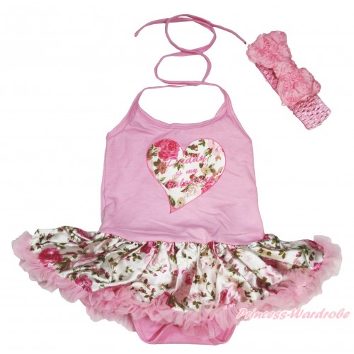 Valentine's Day Light Pink Baby Halter Jumpsuit Light Pink Rose Fusion Pettiskirt & Daddy Is My Valentine Rose Heart Print & Light Pink Headband Romantic Rose Bow JS4256