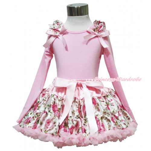 Valentine's Day Light Pink Long Sleeve Top Light Pink Rose Ruffles Light Pink Bow & Light Pink Rose Fusion Pettiskirt MW628
