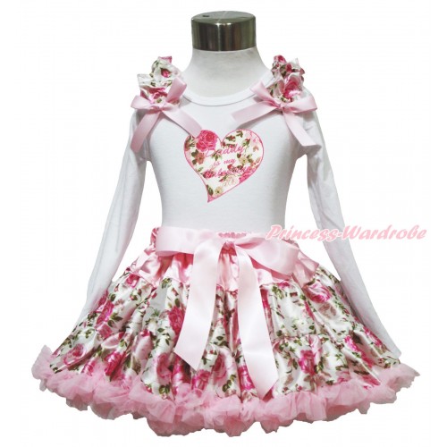 Valentine's Day White Long Sleeve Top Light Pink Rose Ruffles Light Pink Bow & Daddy Is My Valentine Rose Heart & Light Pink Rose Fusion Pettiskirt MW632