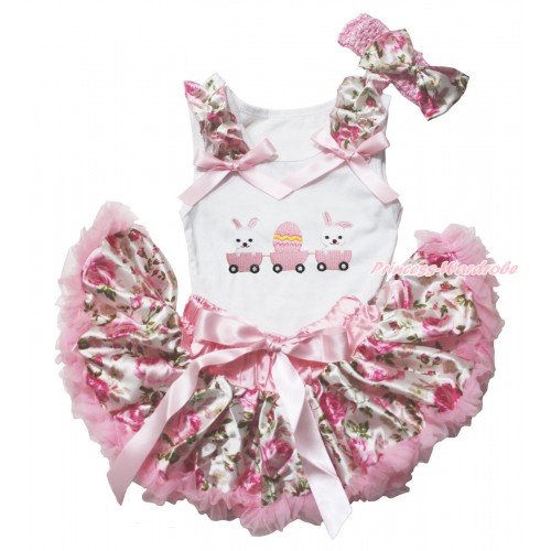 White Baby Pettitop with Bunny Rabbit Egg Print with Light Pink Rose Fusion Ruffles & Light Pink Bows & Light Pink Rose Fusion Newborn Pettiskirt With Light Pink Headband Rose Fusion Satin Bow NG1153 
