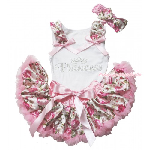 White Baby Pettitop with Light Pink Rose Fusion Ruffles & Light Pink Bows with Sparkle Crystal Bling Rhinestone Princess Print & Light Pink Rose Fusion Newborn Pettiskirt With Light Pink Headband Rose Fusion Satin Bow NG1349 