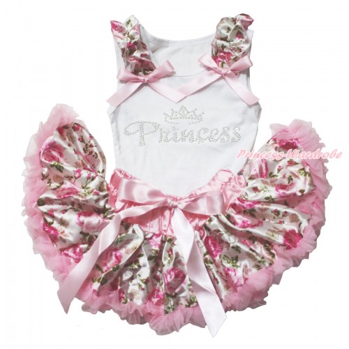 White Baby Pettitop with Light Pink Rose Fusion Ruffles & Light Pink Bows with Sparkle Crystal Bling Rhinestone Princess Print with Light Pink Rose Fusion Newborn Pettiskirt NN142 