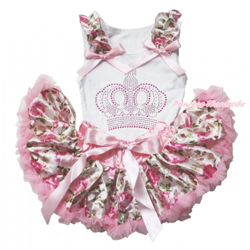 White Baby Pettitop with Light Pink Rose Fusion Ruffles & Light Pink Bows with Sparkle Crystal Bling Rhinestone Crown Print with Light Pink Rose Fusion Newborn Pettiskirt NN143 