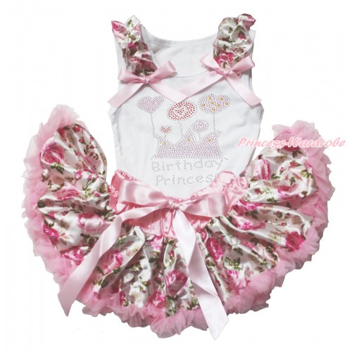 White Baby Pettitop with Light Pink Rose Fusion Ruffles & Light Pink Bows with Sparkle Crystal Bling Rhinestone Birthday Princess Print with Light Pink Rose Fusion Newborn Pettiskirt NN145 
