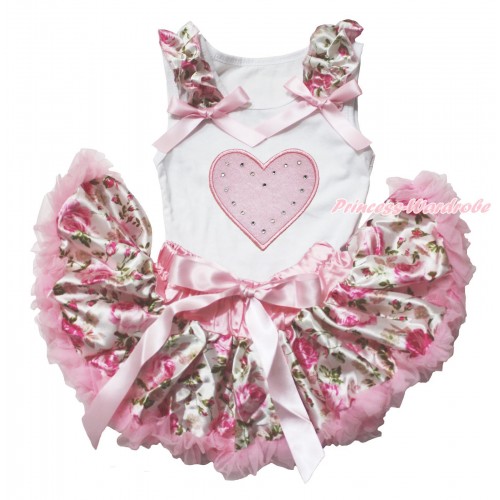 White Baby Pettitop with Light Pink Heart Print with Light Pink Rose Fusion Ruffles & Light Pink Bow with Light Pink Rose Fusion Newborn Pettiskirt NN49 
