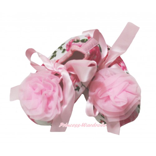 Valentine's Day Light Pink Rose Fusion & Light Pink Ribbon Crib Shoes & Light Pink Rosettes S646
